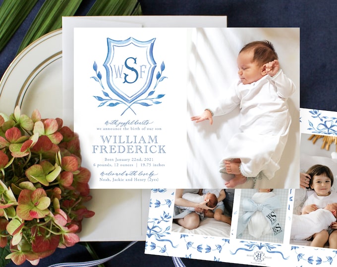 PRINTABLE Birth Announcement | Baby Boy | Monogrammed Crest | Blue and White Forever