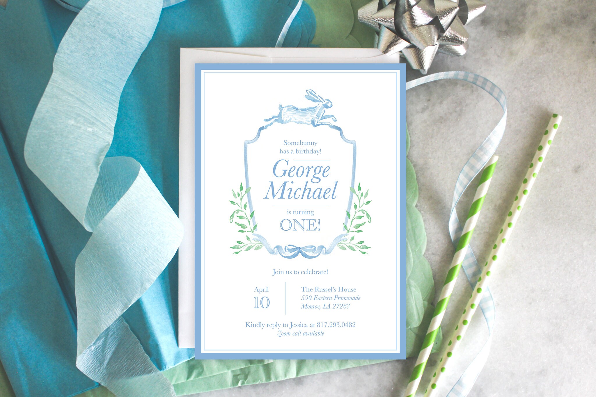 PRINTABLE Birthday Party Invitation Bundle | Somebunny turning ONE | First Birthday | Spring Bunny Crest