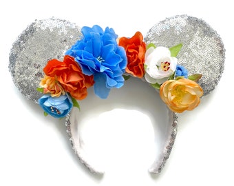 Blue & Orange Floral Minnie Mouse Deluxe Sequin Floral Mouse Ears