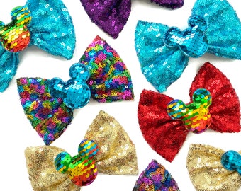 Rainbow Sequin Mickey Mouse Rainbow Sequin Hair Bow | 5 inch Hair Bow