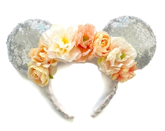 Peachy Floral Silver Minnie Mouse Deluxe Sequin Flower Mouse Headband