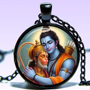Lord Rama and Hanuman Amulet Pendant Ram NECKLACE Yoga Jewelery Ramacandra Amulet Lotus Charm Pendant Hanuman Mantra Om