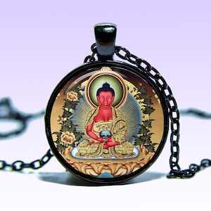 Amitābha Buddha Om prajñā COLLANA Amuleto Amida Loto Amuleto Amitāyus Ciondolo Mantra Cinque Tathagata Pendente Yoga Ohm Buddha