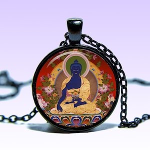 Ciondolo Buddha della medicina Bhaisajyaguru Amuleto Om prajñā COLLANA Amuleto di loto Mantra Ciondolo con fascino Yoga