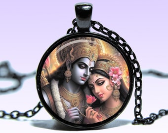 Lord Rama & Goddess Sita Pendant Necklace: Yoga Amulet Jewelry Lotus