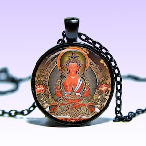 Collana con ciondolo Amitābha Buddha Om prajñā, amuleto di loto Amida, ciondolo con ciondolo Amitāyus, cinque Tathagata Yoga Mantra