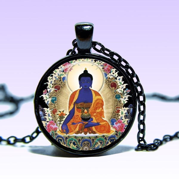 Medicine Buddha Pendant Bhaisajyaguru Amulet Om prajñā NECKLACE Lotus Amulet Mantra Charm Pendant Yoga for Him or Her