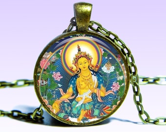Yellow Tara Amulet Necklace: Golden Tara Charm Pendant Om