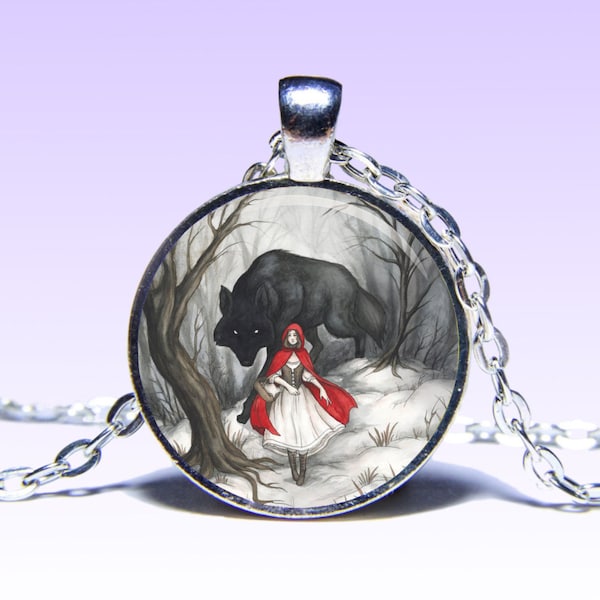 Art Vintage Red Riding Hood Pendant Book NECKLACE Wolf Jewelery Charm Pendant for Him or Her