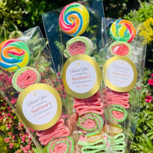 Paquete de 12 brochetas de caramelo, recuerdos de fiesta, pegatinas personalizadas, cumpleaños, graduaciones, baby showers, despedidas de soltera y comuniones.
