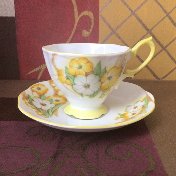 Royal Albert Petunia Teacup And Saucer, Crown China England Tea Cup and Saucer, Yellow White Petunia Tea Cup and Saucer