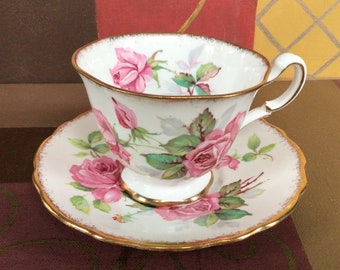 Royal Stafford Berkeley Rose Teacup and Saucer, Pink Roses Tea Cup Duo, Bone China Made in England Teacup Set