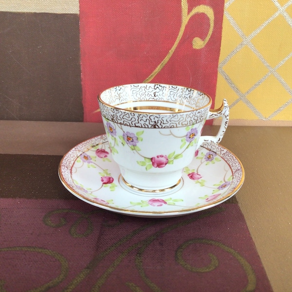 Phoenix China Pink Purple Flowers Demitasse Teacup And Saucer, T. F&S Ltd Made in England Demitasse Cup And Saucer