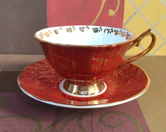 Elizabethan Sovereign Teacup And Saucer, Ruby Background Gold Filigree Teacup Duo, Fine Bone China England Wide Mouth Tea Cup Set