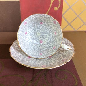Radfords Grey Floral Chintz Teacup and Saucer, Bone China Made in England Pink Flowers Tea Cup Duo
