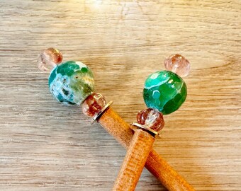 Green Fire Agate Hair Sticks: Pink Czech Glass Beads, Origami Wrapping