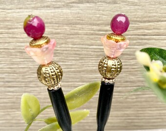 Pretty in Pink Hair Sticks - Czech Glass Tulip Flower Beads - Lampwork Glass Beads -Beach Buns Hair Sticks