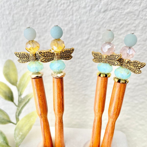 Dragonfly Hair Sticks • Good Luck Prosperity Harmony • Beach Buns Hair Sticks