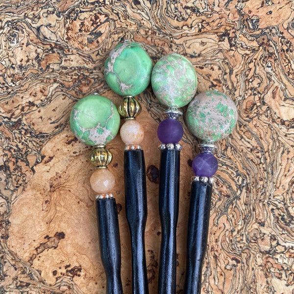 Sea Sediment Jasper Hair Sticks • Amethyst Hair Sticks • Apple Green Impression Jasper • Beach Buns Hair Sticks