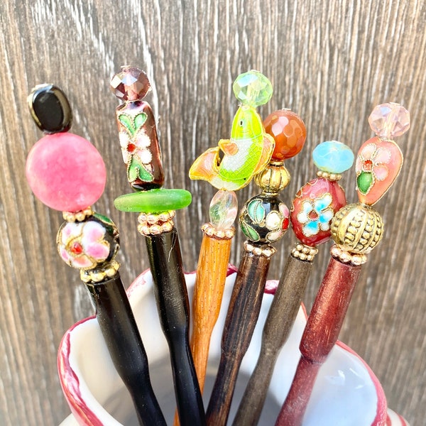 Cloisonné Hair Sticks • French Inspired Hair • Metal Beadwork • Beach Buns Hair Sticks