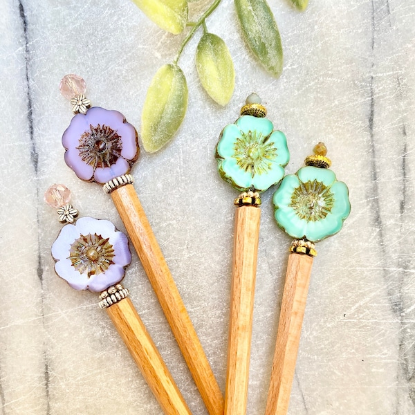 Hibiscus Hair Sticks - Czech Flower Beads - Tropical Hibiscus Flowers - Longer Hair Sticks - Beach Buns Hair Sticks