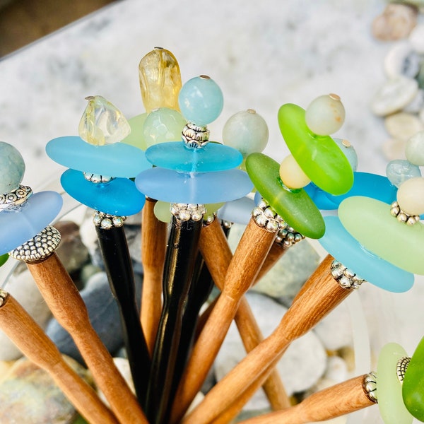 Sea Glass Hair Sticks • Sea Glass Inspired Jewelry • Beach Glass Gifts • Beach Buns Hair Sticks