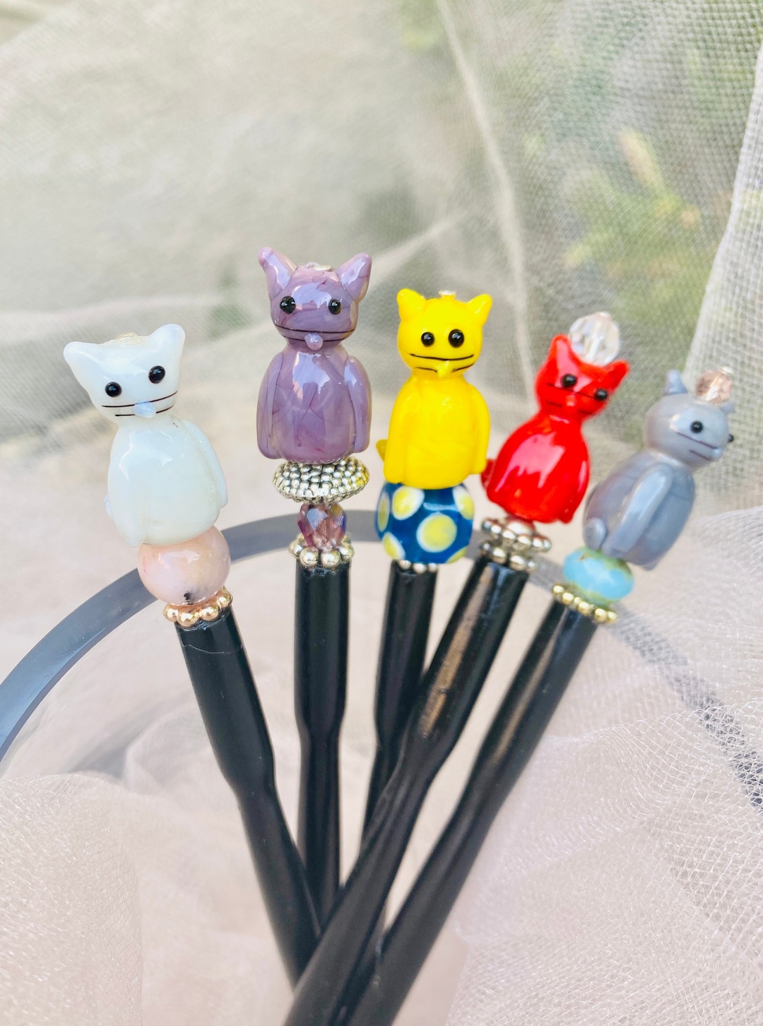 Sitting Cat Hair Sticks Cat Lover Gift Cute Cat Gift for Her Beach Buns