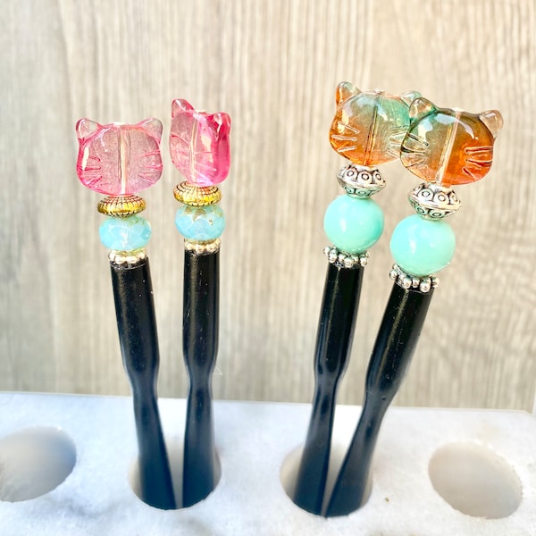 Cute Cat Hair Sticks • Glass Cat Beads • Cat Lover Gift • Cat Gift for Her • Beach Buns Hair Sticks