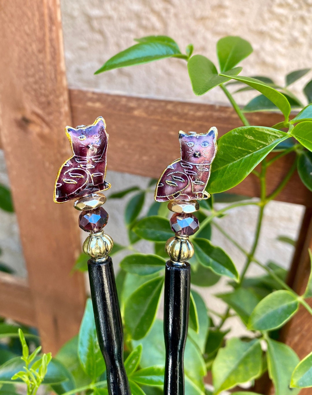 Cloisonné Cat Hair Sticks French Inspired Hair Metal Beadwork Beach