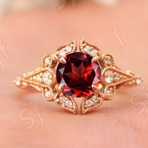 1.54ct AAA Natural Red Garnet Engagement Ring, Vintage Art deco Bridal Moissanite Ring, Red Stone Ring, Birthstone Ring, Floral Ring For Her