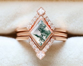 Kite Moss Agate 14K Rose Gold 925 Silver Engagement Ring Set Wedding Ring Se Bridal Ring Set Stacking Bands Stackable Rings For Her