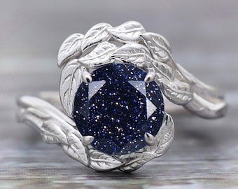 Blue Sandstone Ring, Leaf Sterling Silver Engagement Ring