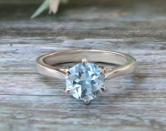Wedding Ring: Aquamarine Round Stone - Vintage Sterling Silver