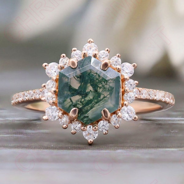 Hexagon Natural Moss Agate Gemstone 14K Rose Gold Plated 925 Silver Ready To Ship Engagement Ring Statement Promise Halo Gift For Her