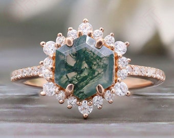 Hexagon Natural Moss Agate Gemstone 14K Rose Gold Plated 925 Silver Ready To Ship Engagement Ring Statement Promise Halo Gift For Her