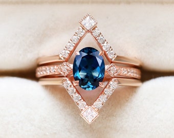Natural London blue Topaz Gemstone Wedding Ring Set, Bridal Moissanite Ring Set For Her, Unique 3pcs Ring Set, Vintage Art deco Set