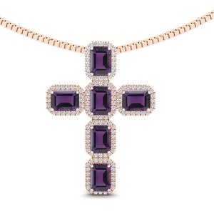 May include: A rose gold cross pendant necklace featuring rectangular purple gemstones surrounded by small white stones. The cross is suspended from a delicate chain.