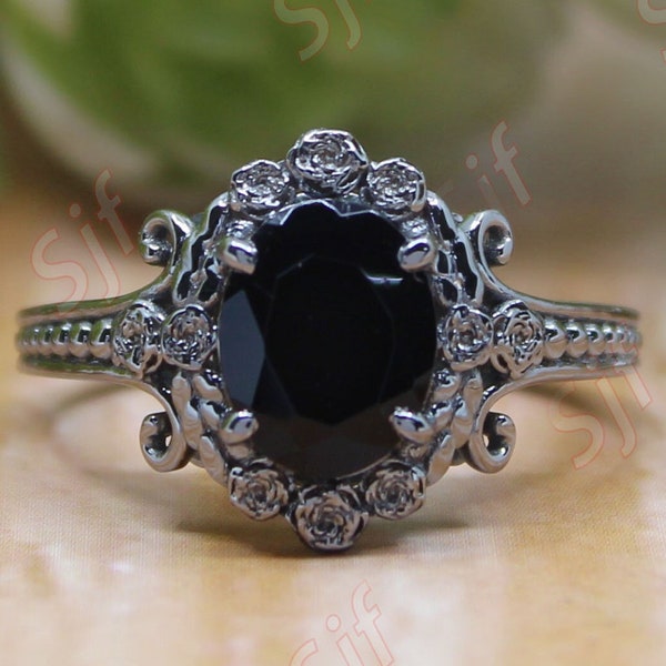 Anillo de boda de ónix negro 925, anillo floral art déco vintage para ella, joyería de anillo de flor de rosa Hermoso anillo de oro negro, regalo para el cumpleaños de la esposa