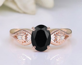 Oval 8x6mm Natural Black Onyx Gemstone Wedding Ring, Black Stone Ring For Her Unique White Moissanite Floral Ring Gift For Women Anniversary