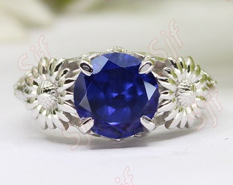 1.92 ct AAA Bluesapphire * Blue stone ring *Sapphire ring* sunflower Floral ring * 2 tone ring*Christmas gift ring for her * gift for wife *