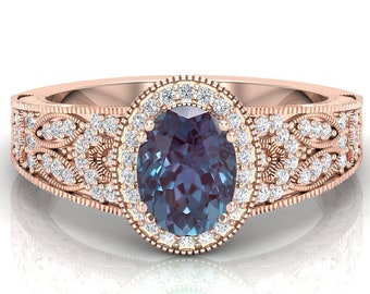 Art Deco Alexandrite Wedding Ring, Oval Halo (1.45ct, Sterling Silver)