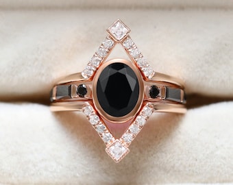 Natural Black Onyx Engagement Ring Set, Beautiful 3PCS Wedding Ring Set Bridal Ring Set Gift For Women, Art deco Ring Set Anniversary Ring