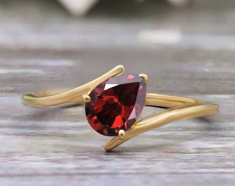 Wedding Ring: Red Garnet Pear Cut - Antique Sterling Silver