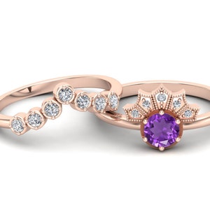 Amethyst Engagement Ring Set For Women, Art deco Ring Set, Bridal Moissanite Ring Set, Unique Round Purple Stone Ring Set, Gift For Crush