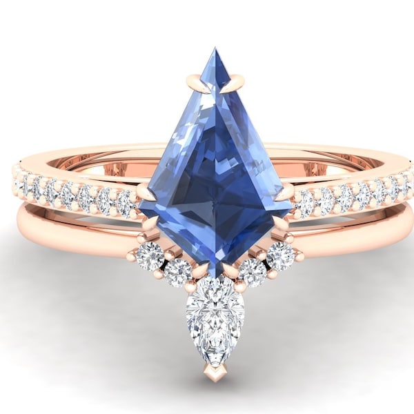 1.95cts Blue Sapphire Gemstone Engagement Ring Set, kite Shape Ring Set For Her, Vintage Art deco Bridal Moissanite Ring Set, Gift For Love.
