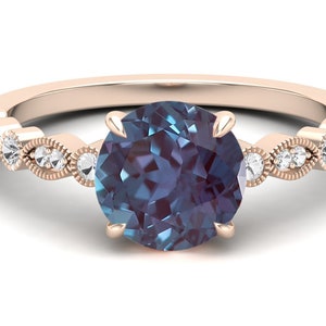 2.35ct AAA Lab Created Alexandrite & Moissanite Round Shape in 14k Rose Gold Plated Engagement Ring, Vintage Art Deco Bridal Solitaire Ring image 1