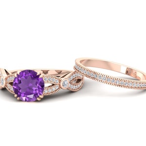 1.80Cts Amethyst Gemstone Wedding Ring Set, Vintage Art deco Bridal Moissanite Ring Set, Round Purple Stone Ring Set, Gift For Her, Birthday