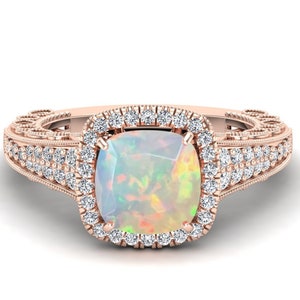 Natural AAA Opal Engagement Ring For Her, Bridal Halo Moissanite Ring, Antique Pave Set Ring, Vintage Art deco Cushion Stone Ring For Love