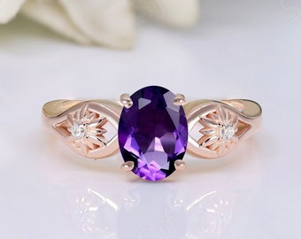 Natural AAA Amethyst Gemstone Engagement Ring, Bridal Purple Stone Ring, Floral Ring For Anniversary, Gift For Women, Statement Rings