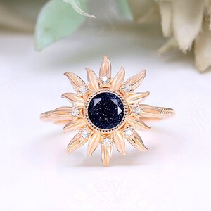 Natural Blue Sandstone Gemstone 14K rose gold plated 925 silver Engagement Ring Art deco Bridal Wedding Blue Sandstone Rings